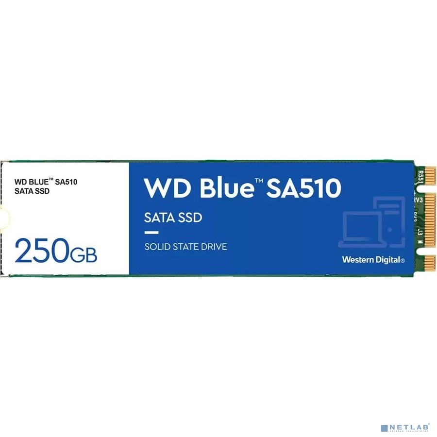 Накопитель SSD 250Gb Western Digital Blue SA510 WDS250G3B0B M.2 22x80mm, SATA3, R/W 550/525MB/s, IOPs 95 000/81 000, TbW 100, DWPD 0.2 12 мес.