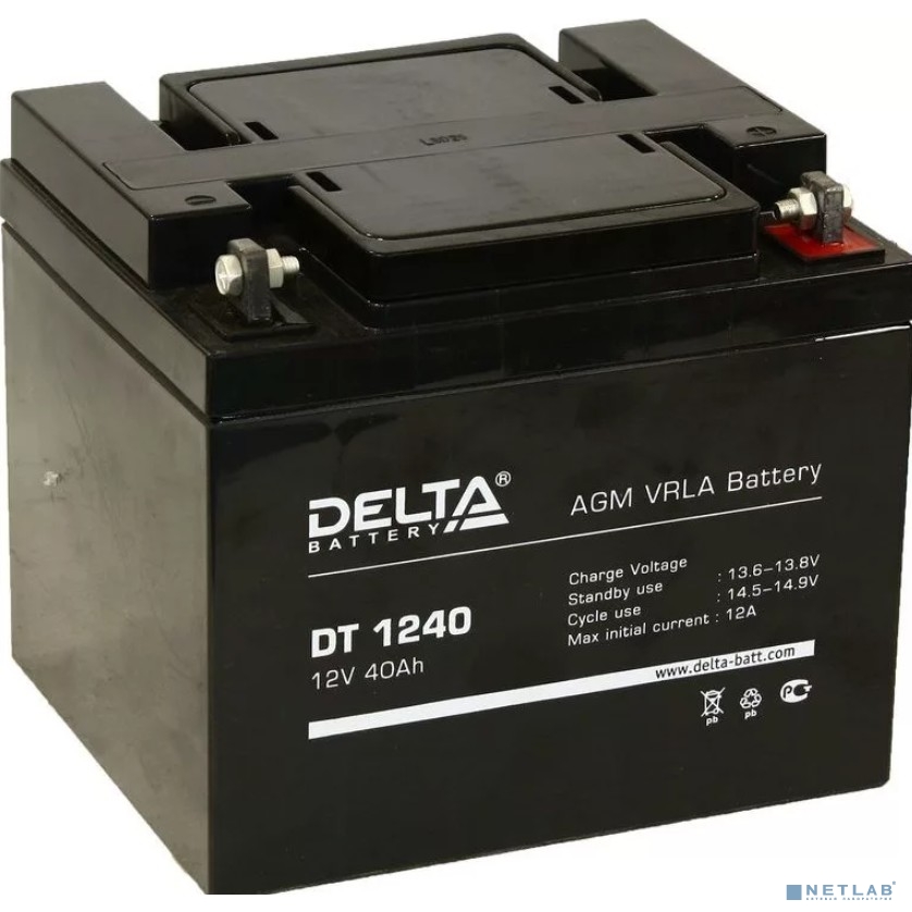 Аккумулятор Delta DT 1240, напряжение 12В, емкость 40Ач (разряд 20 часов), макс. ток разряда (5 сек.) 530А, макс. ток заряда 12А, свинцово-кислотная типа AGM, клеммы под болт М6,