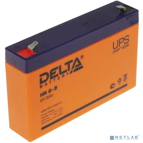 Аккумулятор Delta HR 6-9, напряжение 6В, емкость 9Ач (разряд 20 часов), макс. ток разряда (5 сек.) 135А, макс. ток заряда 2.55А, свинцово-кислотная типа AGM, клеммы F1, ДxШxВ 151х