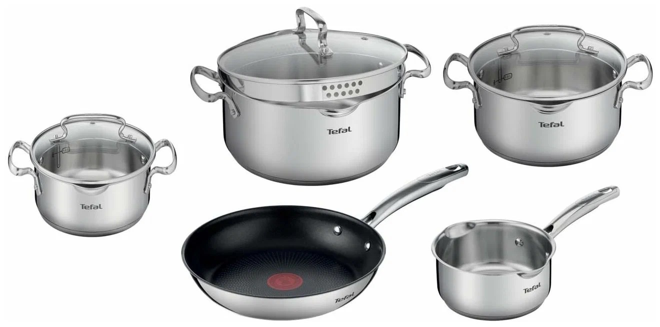 Набор посуды Tefal G732SB55 Duetto+ [кастрюля: 5 л, 2.5 л, 2 л., ковш: 1.5 л, для пасты: 6 л, сковорода: 26 см, нержавеющая сталь, индукция]