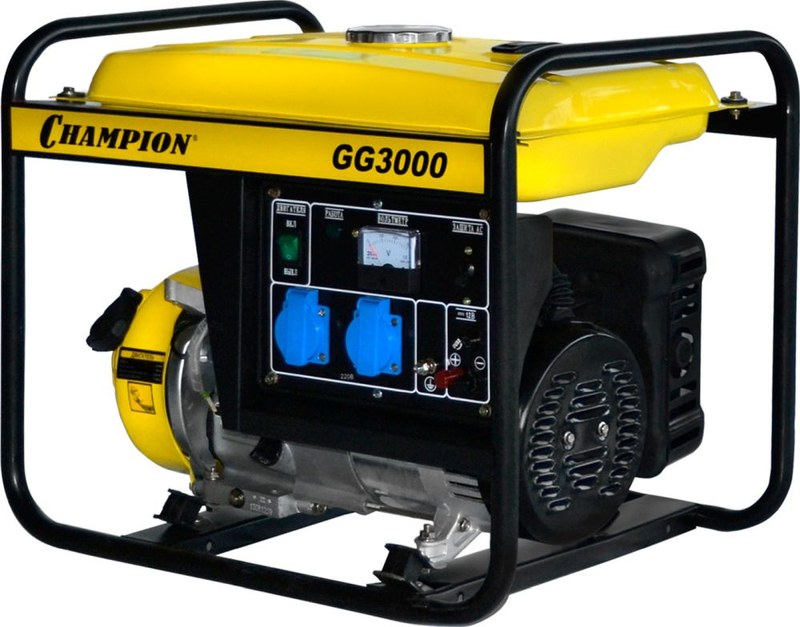 Генератор Champion GG3000 2.3/2.5кВт, 4Т, OHV, 4.62л/с, бак 15л, вес 40.1кг, расход 1.4л/ч, розетки 12V, 220V-2шт