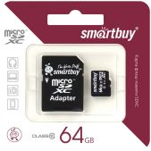 Карта памяти MicroSDXC 64Gb SmartBuy SB64GBSDCL10-01 class 10 с адаптером