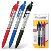 Ручка шариковая Brauberg 141542 набор 3 шт, автоматическая, Leader, 0.7мм, резиновый держатель, блист, синий, черн, красная