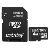 Карта памяти MicroSD 4Gb SmartBUY SB4GbSDCL10-01, 10 Мб/сек. (class 10), с адаптером