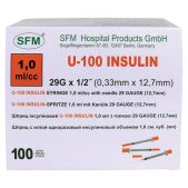 Шприц инсулиновый SFM, 1мл, комплект 10шт, пакет, U-100 игла несъемная 0.33х12.7мм - 29G, 534250
