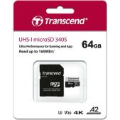 Карта памяти MicroSDXC 64GB Transcend TS64GUSD340S Class 10 UHS-I U3 V30 UHS-I U3 160/80 MB/s A2 Ultra Performance with adapter