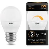 Лампа светодиодная Gauss 7Вт цок.:E27 шар 220B 3000K св.свеч.бел.тепл. (цена за10 штук в упаковке) 105102107-D