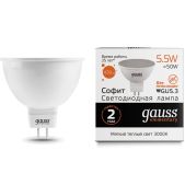 Лампа светодиодная Gauss Elementary MR16 5.5Вт цок.:GU5.3 спот 220B 3000K св.свеч.бел.тепл. (цена за 10шт в упаковке) 13516