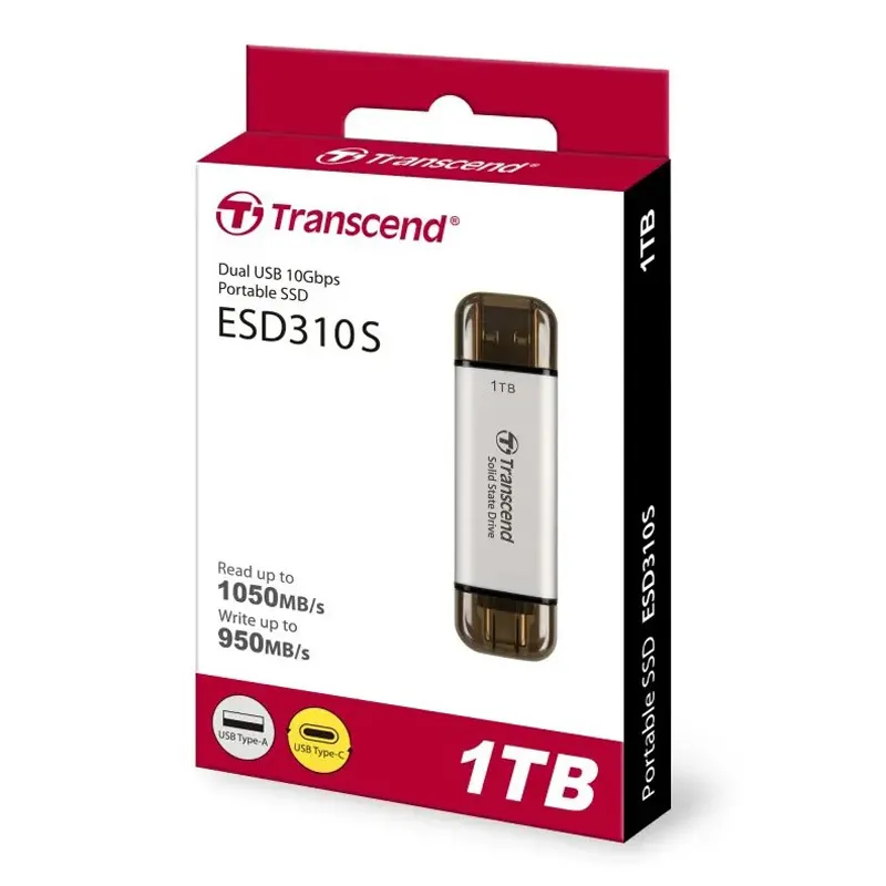 Устройство USB 3.2 Flash Drive 1024Gb Transcend TS1TESD310S External SSD ESD310S Type C/A, USB 10Gbps 3.2 Gen2, R/W 1050/950MB/s, 71x20x8mm, 11g, Silver