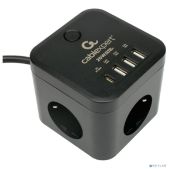 Сетевой фильтр с USB заряд. Cablexpert Cube CUBE-3-CU3-B-1.5 черный, 3розетки, 10А, 1xType-C PD, 3xUSB, 1.5м