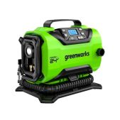 Компрессор автомобильный GreenWORKS ACG301 3400807 (G24IN) аккумуляторный без АКБ и зарядного устройства, 24V или 12V от сети автомобиля низкое давление 420л/мин/высокое давление 11л/мин, 11бар, цифровой дисплей, автоотключение, LED-фонарь, 1.97кг