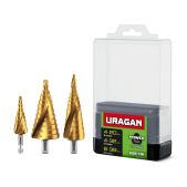 Набор сверл URAGAN 29658-4-38-H3 3 шт, 4-38мм, винтовая спираль, ступенчатых