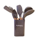 Набор кухонный Kukmara Coffee marble kuk-04/09011031 кофейный 9 предметов: лопатка, лопатка кондитерская, половник, шумовка, ложка для спагетти, венчик, кисть, щипцы, подставка, набор кухонных принадлежностей из силикона