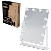 Зеркало для макияжа Brabix 609336 гримерное с подсветкой, 12 LED-ламп, 3 режима свечения, размер 29х38 см, работа от сети 220V, цвет белый